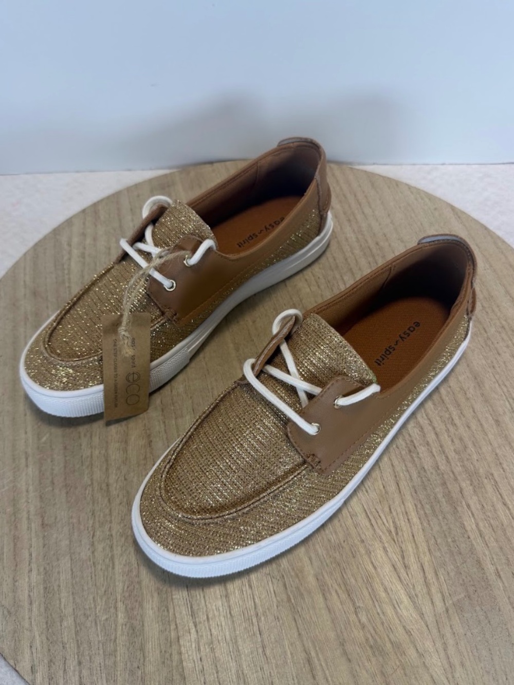 NWT Easy Spirit Eco Womens 7.5M Gold Glitter Lace Up Casual Sneakers Comfort